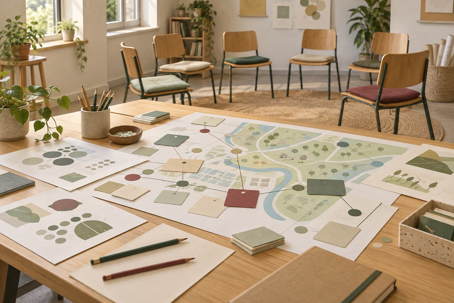 Table d’atelier, cartes et supports de diagnostic communautaire, illustration.